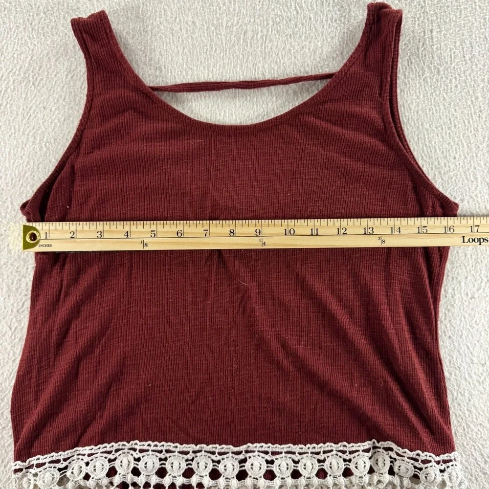 rue21 Tank Top Womens Large Burgundy Good Boho Crochet Fringe Strappy Back